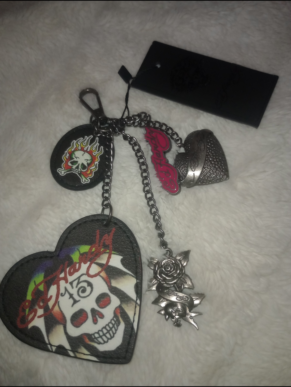 Ed Hardy Black Heart Skull Key & Charm Chain with Pink Logo Accent